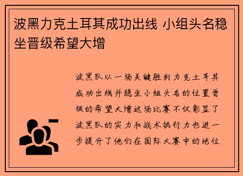 波黑力克土耳其成功出线 小组头名稳坐晋级希望大增