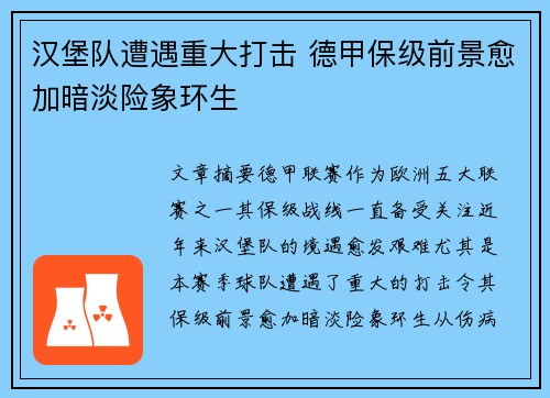 汉堡队遭遇重大打击 德甲保级前景愈加暗淡险象环生