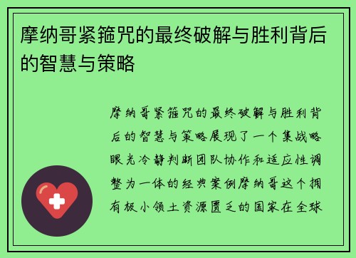 摩纳哥紧箍咒的最终破解与胜利背后的智慧与策略