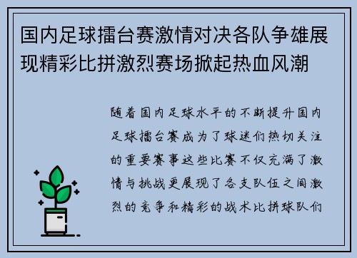 国内足球擂台赛激情对决各队争雄展现精彩比拼激烈赛场掀起热血风潮