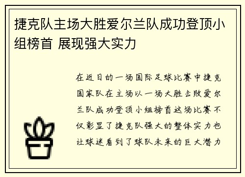 捷克队主场大胜爱尔兰队成功登顶小组榜首 展现强大实力