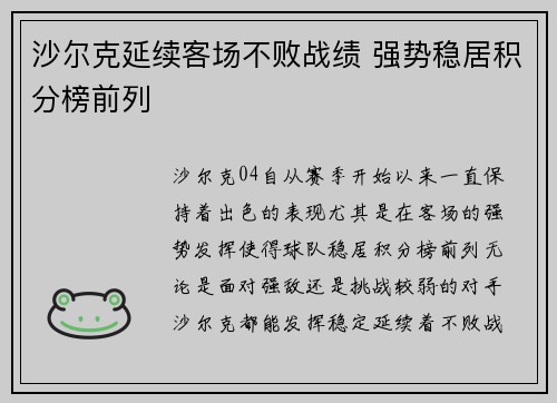 沙尔克延续客场不败战绩 强势稳居积分榜前列