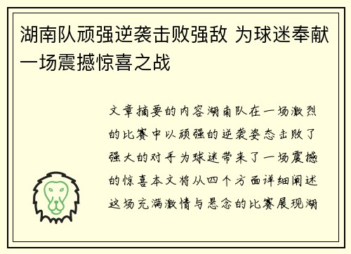 湖南队顽强逆袭击败强敌 为球迷奉献一场震撼惊喜之战