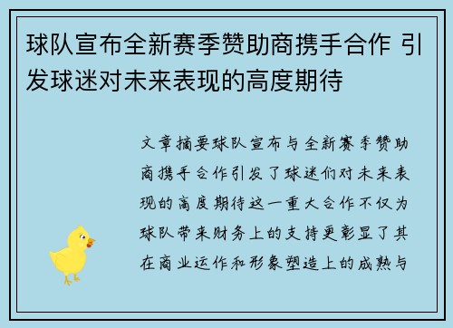 球队宣布全新赛季赞助商携手合作 引发球迷对未来表现的高度期待